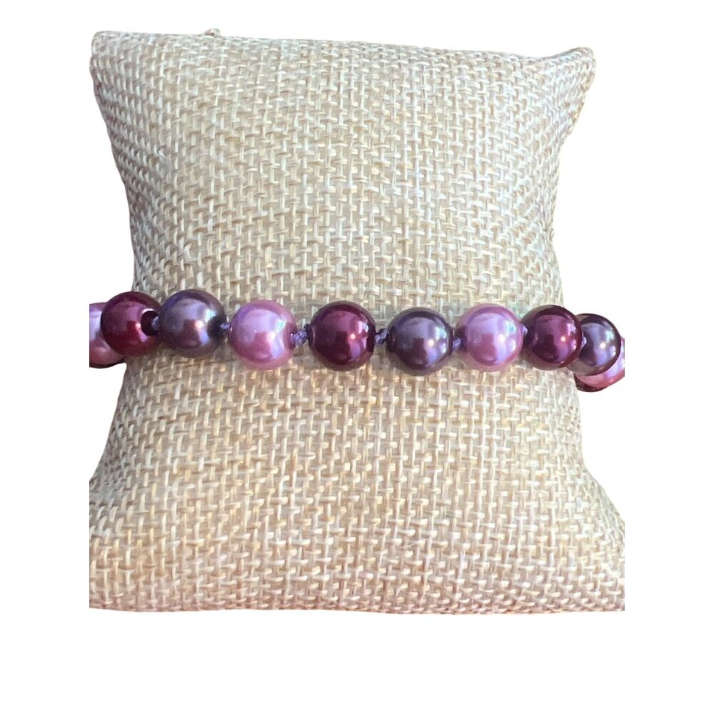 Vtg Glass Faux Purple Pearl Bracelet Sterling Silver Clasp Knotted Estate 7.5"
